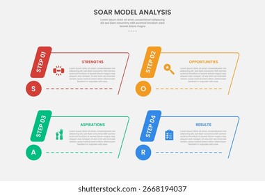 Estilo de esquema de infografía de análisis de modelo SOAR con contenedor de rectángulo inclinado o inclinado con insignia circular Plantilla de 4 puntos con para Vector de presentación de diapositivas