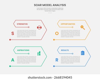 Estilo de esquema de infografía de análisis de modelo SOAR con borde de flecha con forma de rebanada abierta Plantilla de 4 puntos con para Vector de presentación de diapositivas