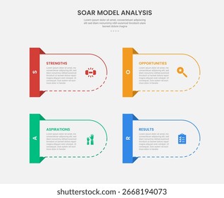 Estilo de esquema de infografía de análisis de modelo SOAR con contenedor redondo e insignia de rectángulo en la Plantilla lateral de 4 puntos con para Vector de presentación de diapositivas