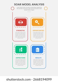 Estilo de esquema de infografía de análisis de modelo SOAR con estructura de cuadro de Vertical con insignia de encabezado Plantilla de 4 puntos con para Vector de presentación de diapositivas