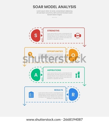 SOAR model analysis infographic outline style with rectangle box container with arrow bottom direction and opposite position 4 point template with for slide presentation vector