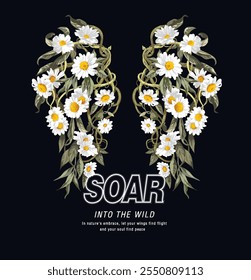 soar slogan with flowers and tree vine in angel's wing shape vector illustration on black background