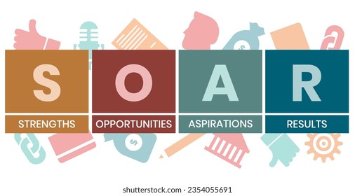 SOAR - strengths, opportunities, aspirations, results. business concept background. vector illustration concept with keywords and icons. lettering illustration with icons for web banner, flyer