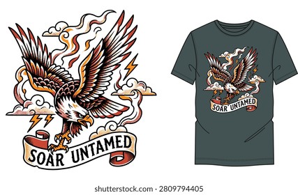 Soar Untamed eagle t-shirt design vector. American traditional tattoo style eagle with lightning bolts and scroll banner on grey shirt mockup. Perfect for retro streetwear, biker apparel, and custom screen printing projects.
