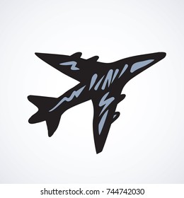 Soaring aerial airliner on light sky backdrop. Modern simple emblem concept. Freehand black ink hand drawn picture sketchy in art retro doodle cartoon contour style pen on paper with space for text