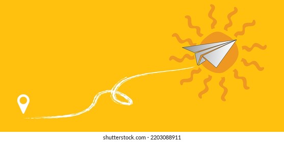 Soaring air plane line path. Take Off airplane, flight route with start point. Vector aircraft sign. Location pointer. Tracking, vacation, holliday. Travel pointer navigation. Tourism. Route Concept.