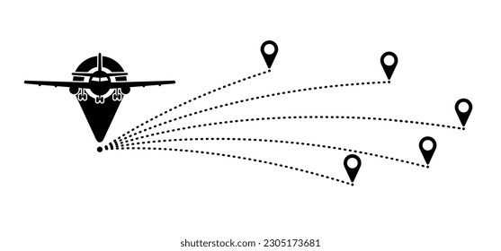 Camino de la línea del avión en alza. Despegar avión, ruta de vuelo con punto de inicio. Cartel de la nave vectorial. Puntero de ubicación. Seguimiento, vacaciones, vacaciones. Navegación del puntero de viaje. Turismo. Concepto de ruta.