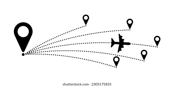 Soaring air plane line path. Take Off airplane, flight route with start point. Vector Aircraft sign. Location pointer. Tracking, vacation, holliday. Travel pointer navigation. Tourism. Route Concept.