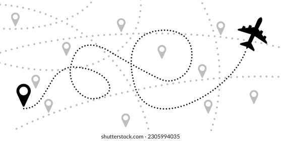 Soaring air plane line path. Take Off airplane, flight route with start point. Vector Aircraft sign. Location pointer. Tracking, vacation, holliday. Travel pointer navigation. Tourism. Route Concept.