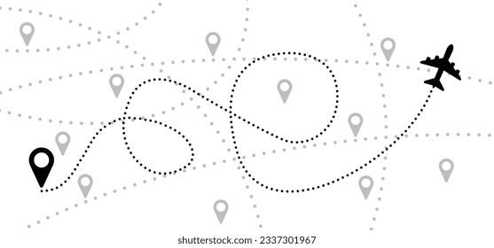 Soaring air plane line path. Take Off airplane, flight route with start point. Vector Aircraft sign. Location pointer. Tracking, vacation, holliday. Travel pointer navigation. Tourism. Route Concept.