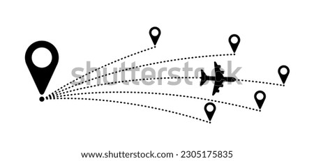 Soaring air plane line path. Take Off airplane, flight route with start point. Vector Aircraft sign. Location pointer. Tracking, vacation, holliday. Travel pointer navigation. Tourism. Route Concept.