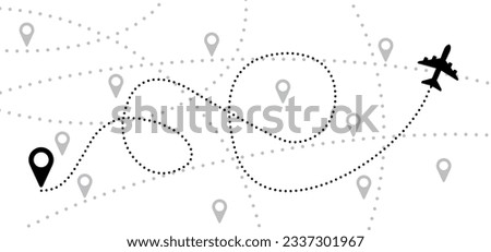 Soaring air plane line path. Take Off airplane, flight route with start point. Vector Aircraft sign. Location pointer. Tracking, vacation, holliday. Travel pointer navigation. Tourism. Route Concept.