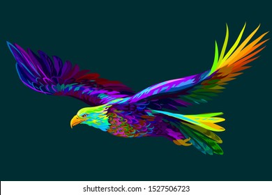 Soaring bald eagle. Abstract, multi-colored portrait of a soaring bald eagle on a dark green background.