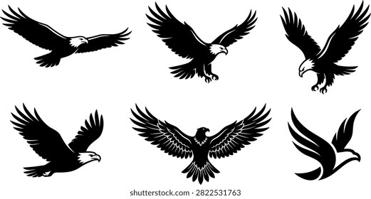 Soaring Bald Eagle Silhouette Icon Set Featuring Intricate Wing Feathers Diving Pests and Minimalist Tribal Bird Flight Graphics for Patriotic Brand Logos