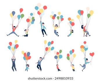 Soaring with balloons. Children and adults hold air balloon and flying. Energy carefree freedom metaphor. Aspiration and dreams recent vector characters