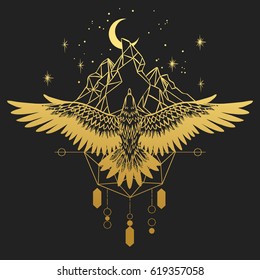 Soaring bird of prey. Gold silhouette on black background. Vector hand drawn illustration. Template for temporary tattoo, t-shirt print and other