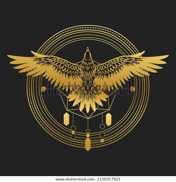 Soaring bird of prey. Gold silhouette on black\
background. Vector hand drawn illustration. Template for temporary\
tattoo, t-shirt print and\
other