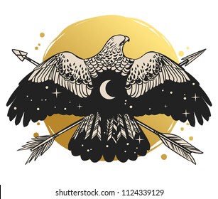 Soaring bird of prey.  Vector hand drawn illustration. Template for temporary tattoo, t-shirt print and other