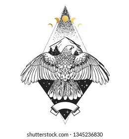 Soaring bird of prey.  Vector hand drawn illustration. Template for temporary tattoo, t-shirt print and other