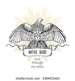 Soaring bird of prey.  Vector hand drawn illustration. Template for temporary tattoo, t-shirt print and other