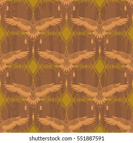 Soaring bird of prey. Vector seamless pattern in boho style