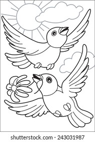 Soaring birds. Two birds fly up to the sun and clouds. Bird holds in its beak a daisy. Coloring page