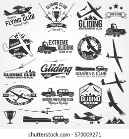 Soaring club retro badges and design elements. Vector illustration. Gliding club design. Concept for shirt, print, seal or stamp. Family vacation, activity or travel.