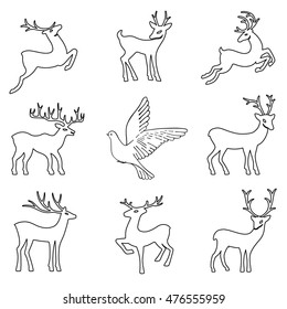 Soaring dove & deers, vector illustration isolated on white background