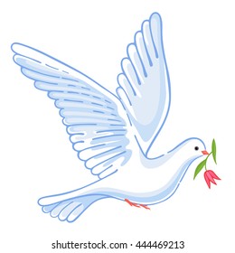 Soaring dove with flower, vector illustration isolated on background