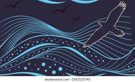 Soaring Eagle Over Flowing Blue Waves Minimalist Seagulls Above Abstract Ocean