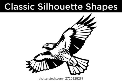 Soaring hawk silhouette isolated on white background