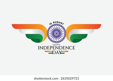 Dia da Independência Indiana em Ascensão Emblema Projeto Dinâmico com Asas Tricolor e Ashoka Chakra Central.