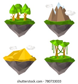 Soaring islands with elements of nature color illustration set