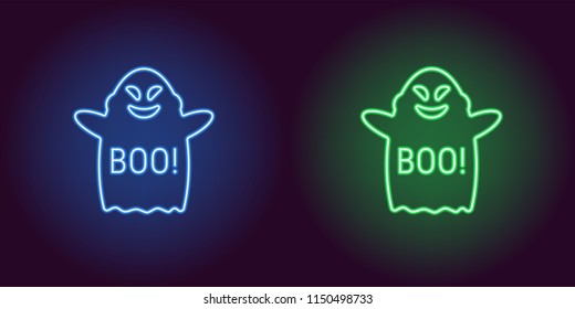 Soaring neon ghost in blue and green color. Vector illustration of spirit phrase Boo for Halloween holiday in glowing neon style. Illuminated graphic element for Halloween decoration