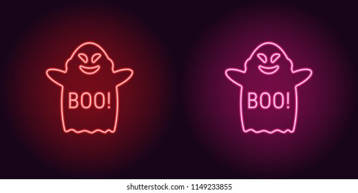 Soaring neon ghost in red and pink color. Vector illustration of spirit phrase Boo for Halloween holiday in glowing neon style. Illuminated graphic element for Halloween decoration