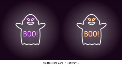 Soaring neon ghost in white color. Vector illustration of spirit phrase Boo for Halloween holiday in glowing neon style. Illuminated graphic element for Halloween decoration