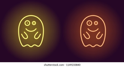 Soaring neon spirit in yellow and orange color. Vector illustration of ghost with smile for Halloween holiday in glowing neon style. Illuminated graphic element for Halloween decoration