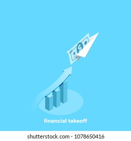a soaring paper airplane with a bill inserted into it and an arrow above the rising diagram, an isometric image