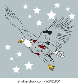 Soaring patriotic symbol of the United States of America, bald eagle on blue background with stars