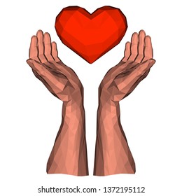 Soaring polygonal heart in two low poly hands as sign of healthy medicine and romantic love
