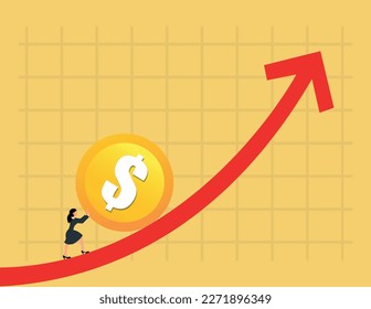 Soaring and price increase. Business woman trying hard to push coin up rising up arrow graph and chart