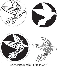Soaring raven stylized in a circle. Geometric contour graphics, black and white vector image.