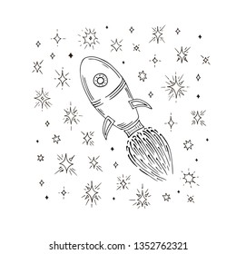 Soaring rocket ship cartoon icon. Vector sketch hand drawing, Doodle rocket and stars.