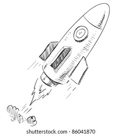 Soaring Rocket Ship Cartoon Icon. Sketch Fast Pencil Hand Drawing Illustration In Funny Doodle Style.