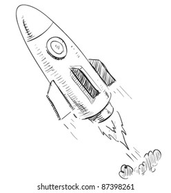 Soaring Rocket Ship Cartoon Icon. Sketch Fast Pencil Hand Drawing Illustration In Funny Doodle Style.