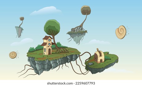 Soaring rocks-islands in the clear sky. Vegetation grass and trees, house, observatory telescope, shell stones. Fantasy, cartoon. Hand drawing, outline, line art. Panoramic view. Vector illustration.