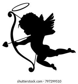 The soaring silhouette of a Little Cupid with wings bow and arrow