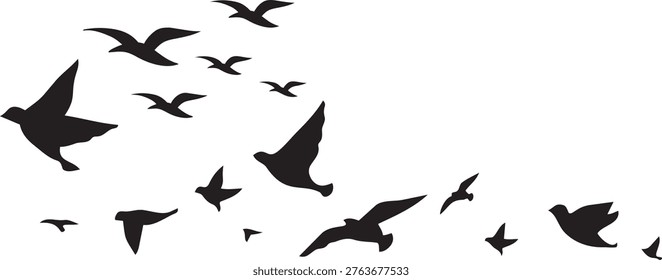 Soaring Silhouettes: A flock of birds, captured in elegant silhouette against the sky, conveying a sense of freedom, travel, and the boundless spirit of nature.png