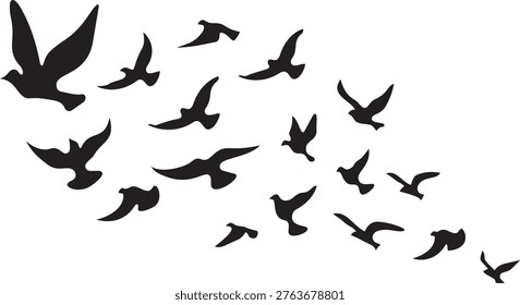 Soaring Silhouettes: A flock of birds takes flight against the boundless sky, their dark silhouettes conveying a sense of freedom, hope, and the journey ahead.png
