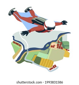 soaring skydiver in a white helmet, extreme sports, wingsuit or parachuting, bird`s eye view of the settlement, rural landscape, color vector illustration in cartoon and flat design